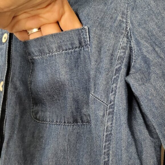 GAP Women's Blue 100% Cotton Drawstring Waist Roll Tab Long Sleeve Romper Sz XS - Picture 8 of 13